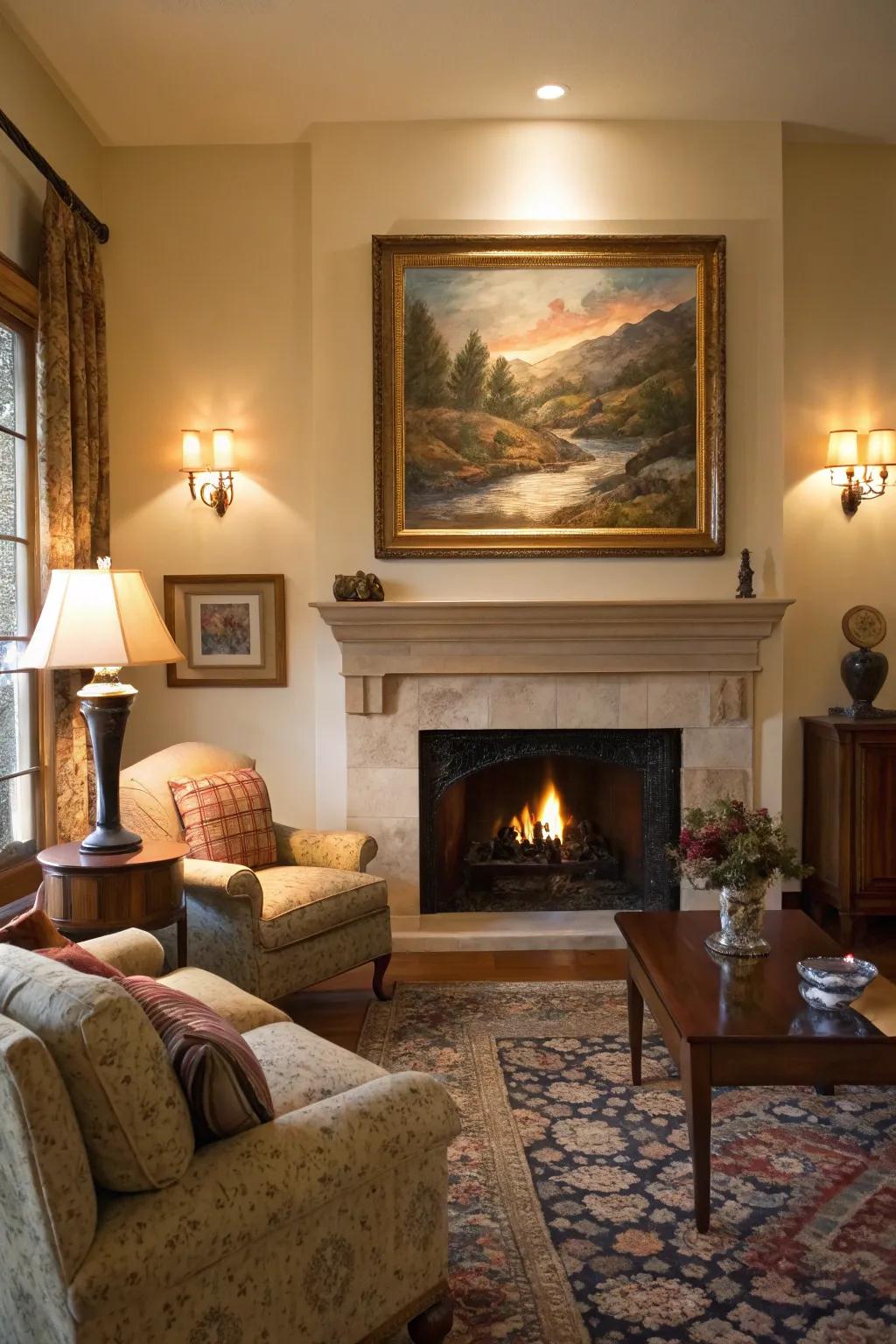A living room showcasing a large focal point painting above the fireplace.