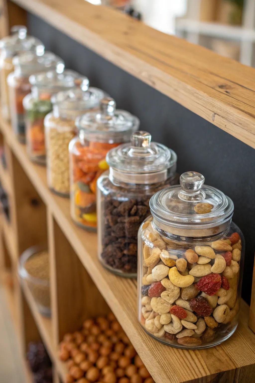 Glass jars evoke a vintage feel while keeping snacks fresh.