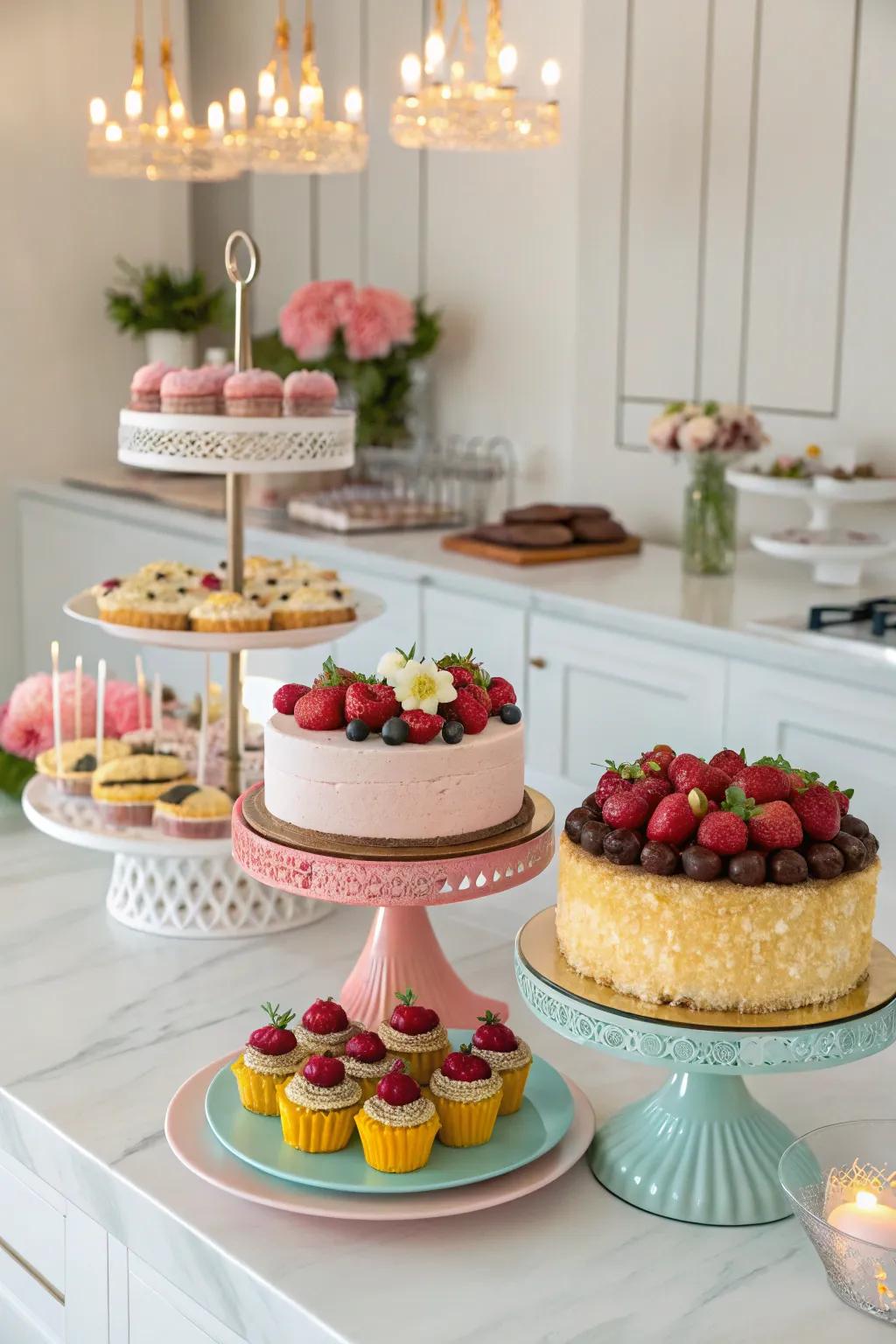 Tiered cake stands adding dimension to the dessert presentation.