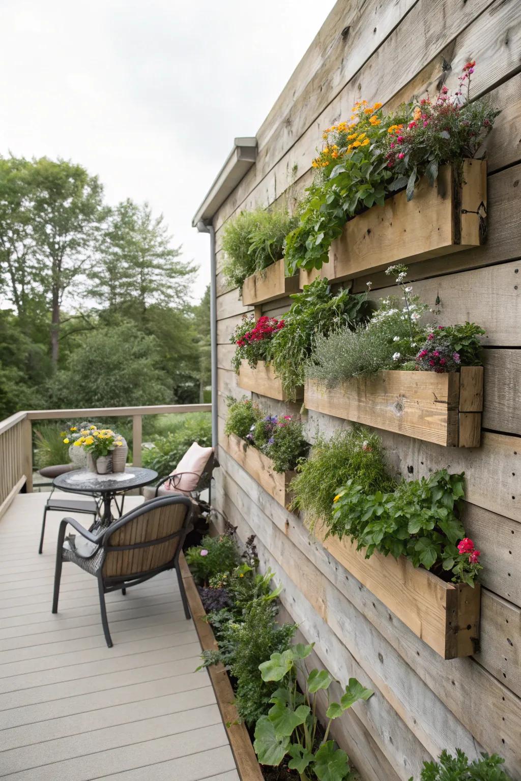 A wood wall with built-in planters for added greenery.