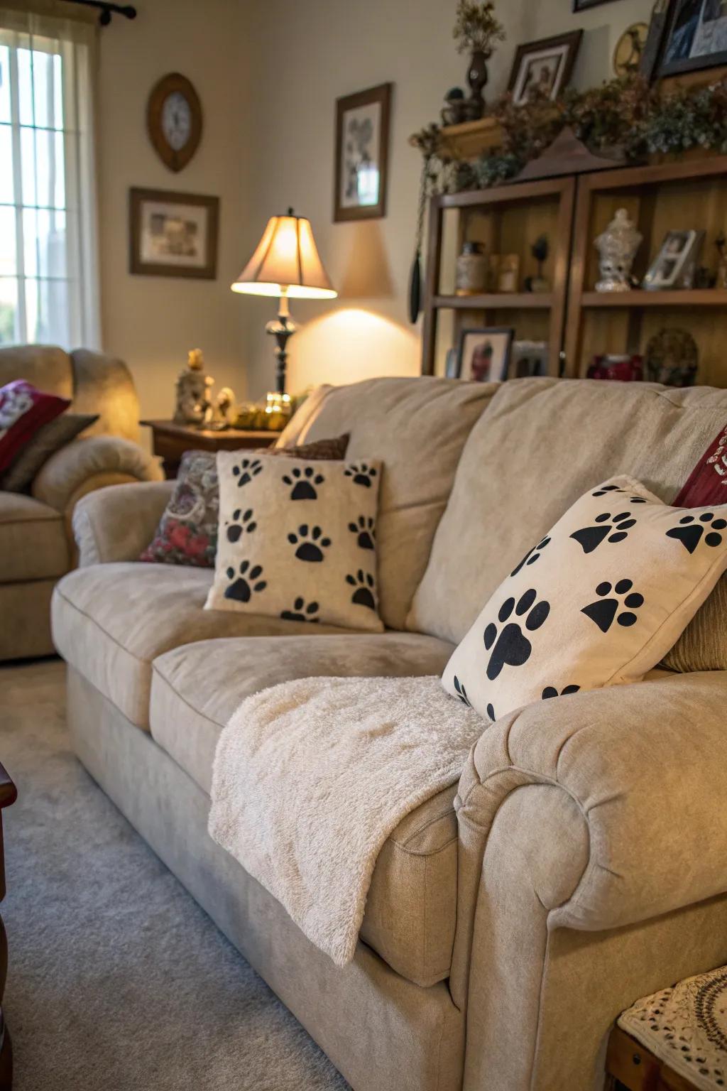 Paw print pillows bringing comfort to a living room.