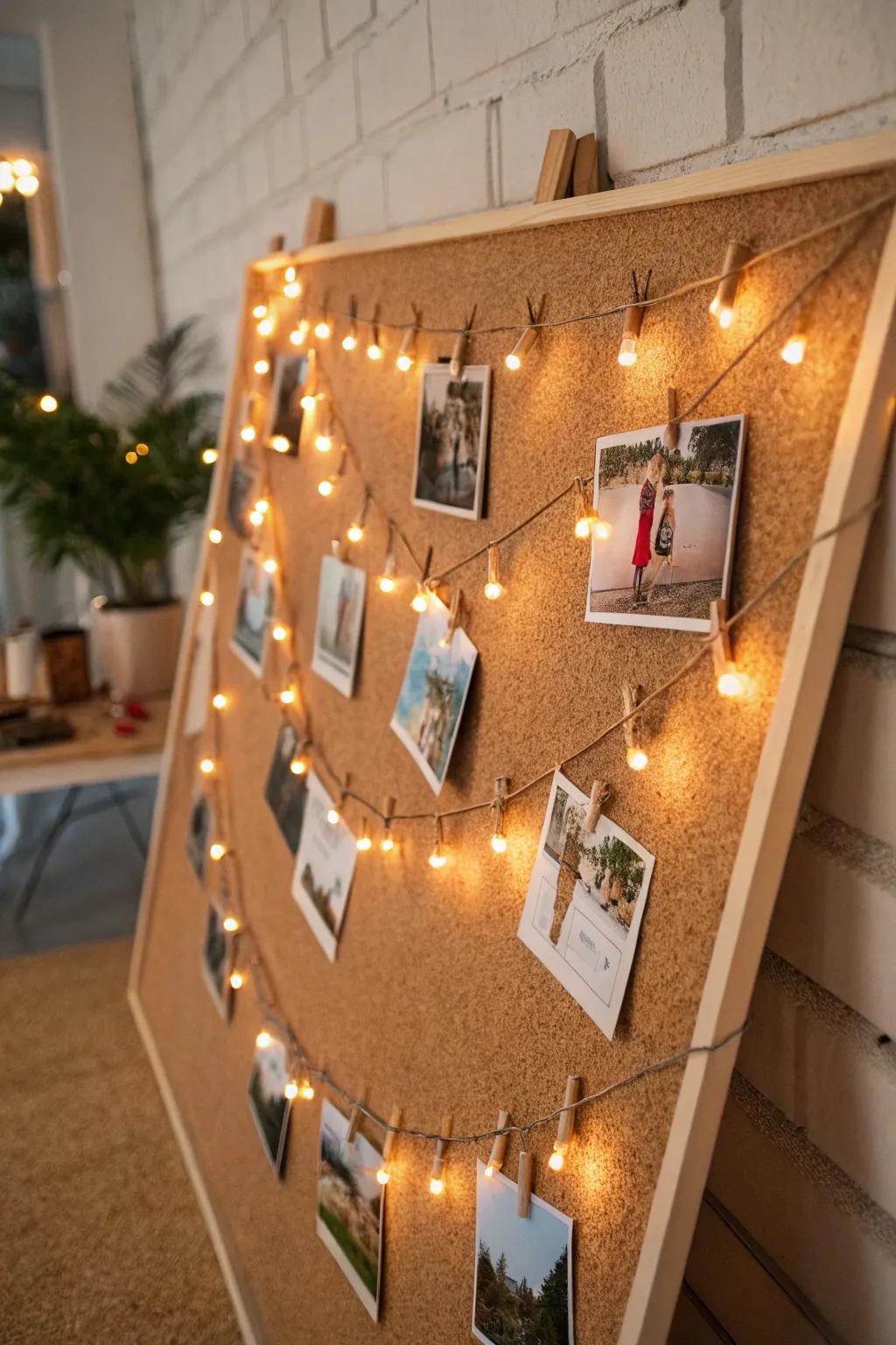 A cork board with lights offers an easily updateable photo display.