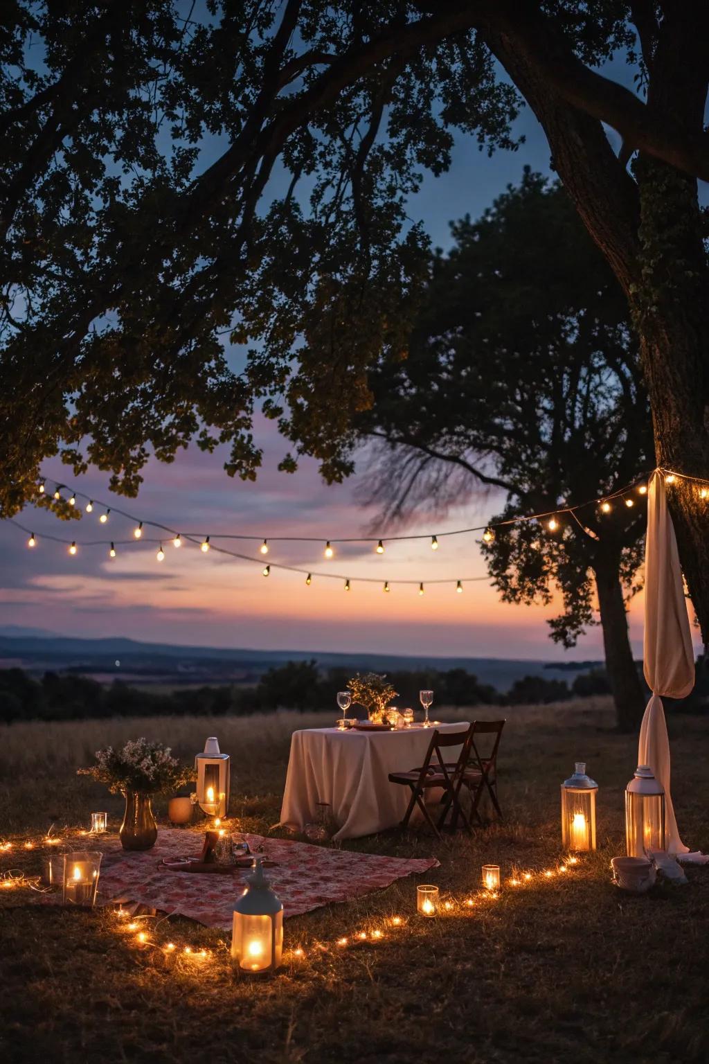 Candles and fairy lights create a magical evening picnic ambiance.