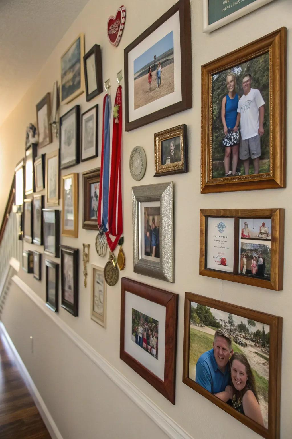 Picture wall with personal and family items.