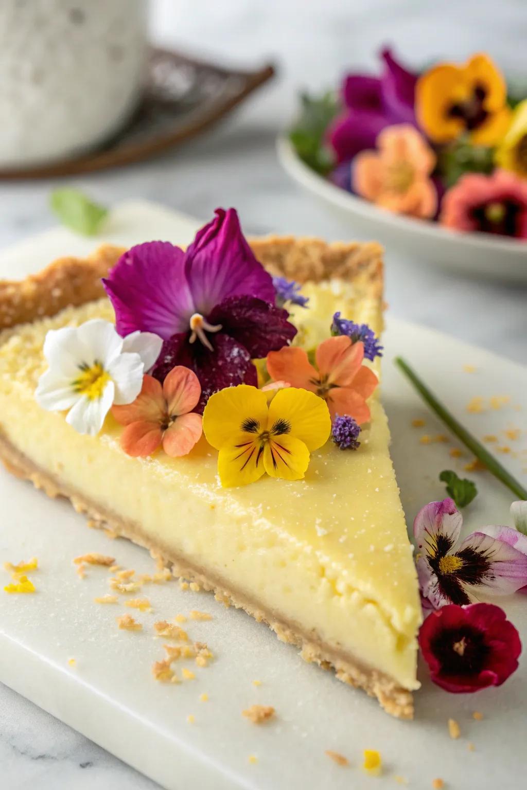 A pie slice adorned with vibrant edible flowers.