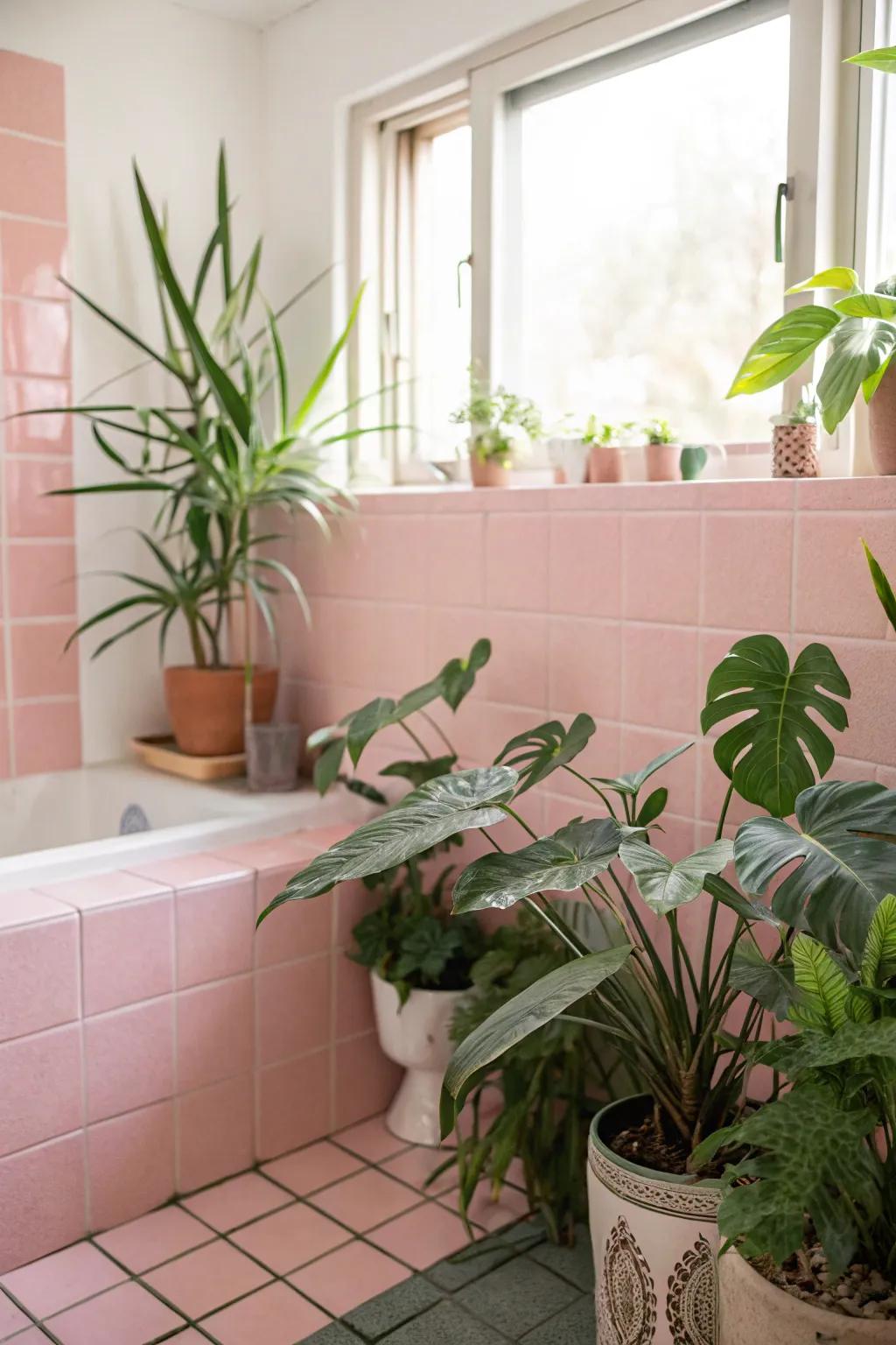 Pink and green create a harmonious bathroom space.