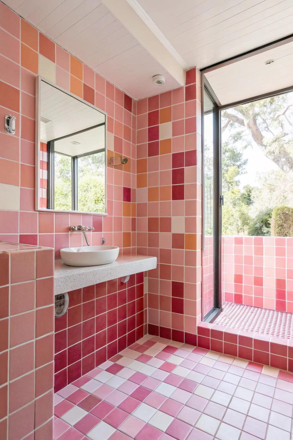 A bathroom showcasing a spectrum of pink tile shades.