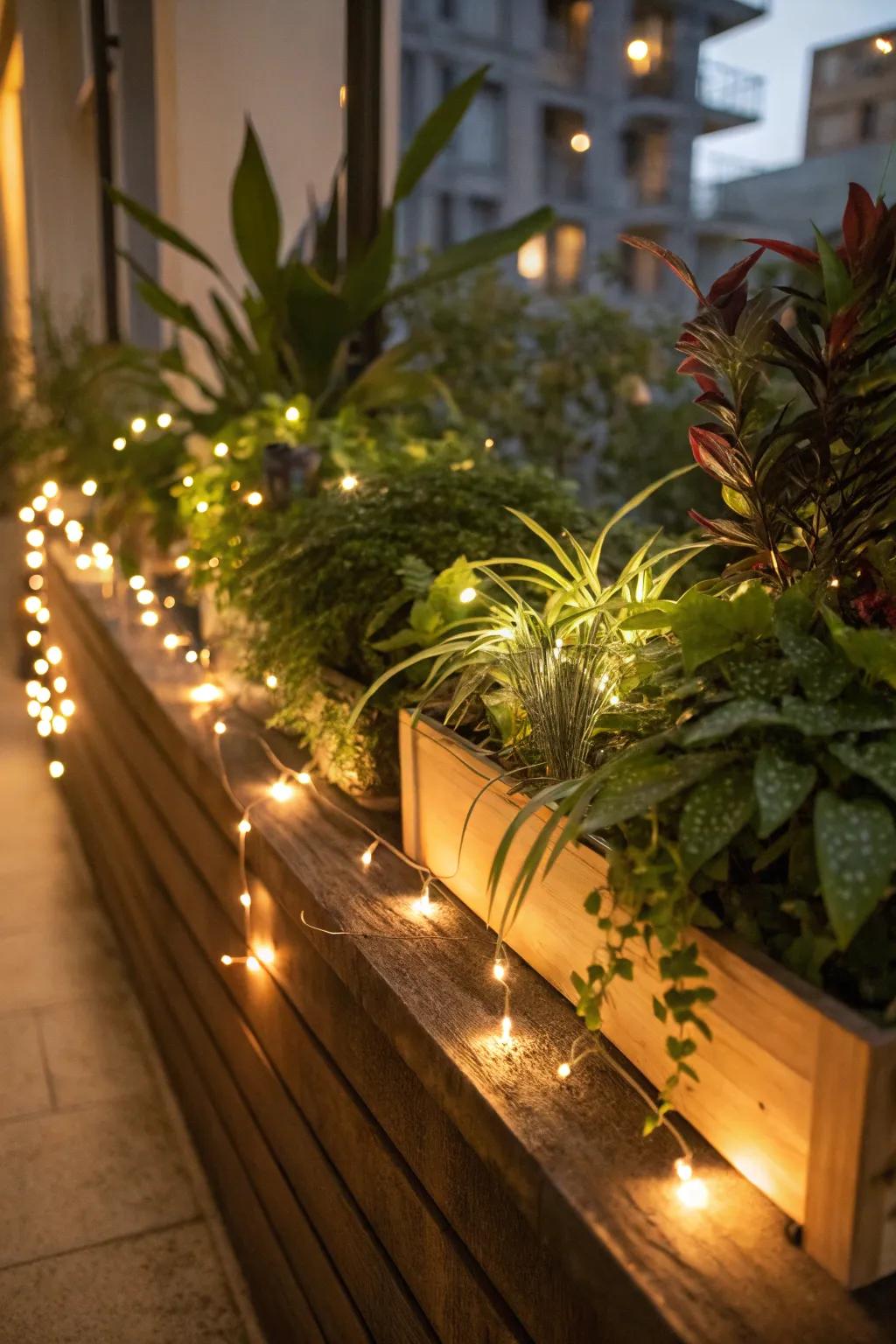 Soft lighting creates a cozy and inviting atmosphere on this plant ledge.