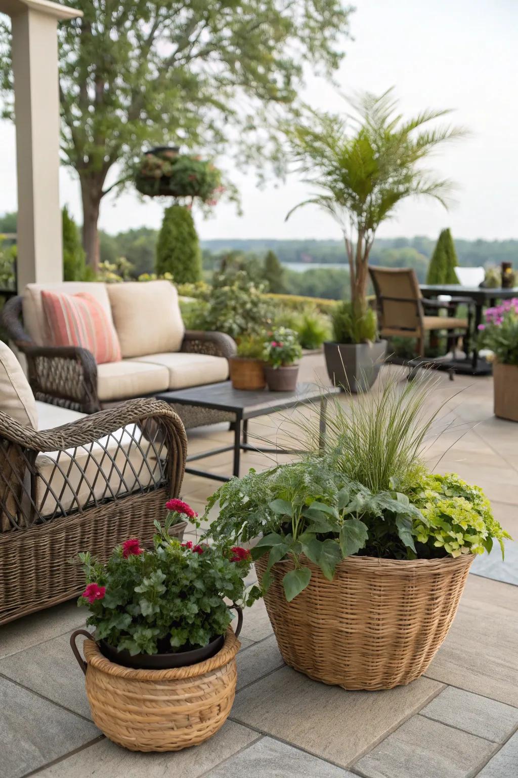 Wicker baskets create a warm and inviting look.