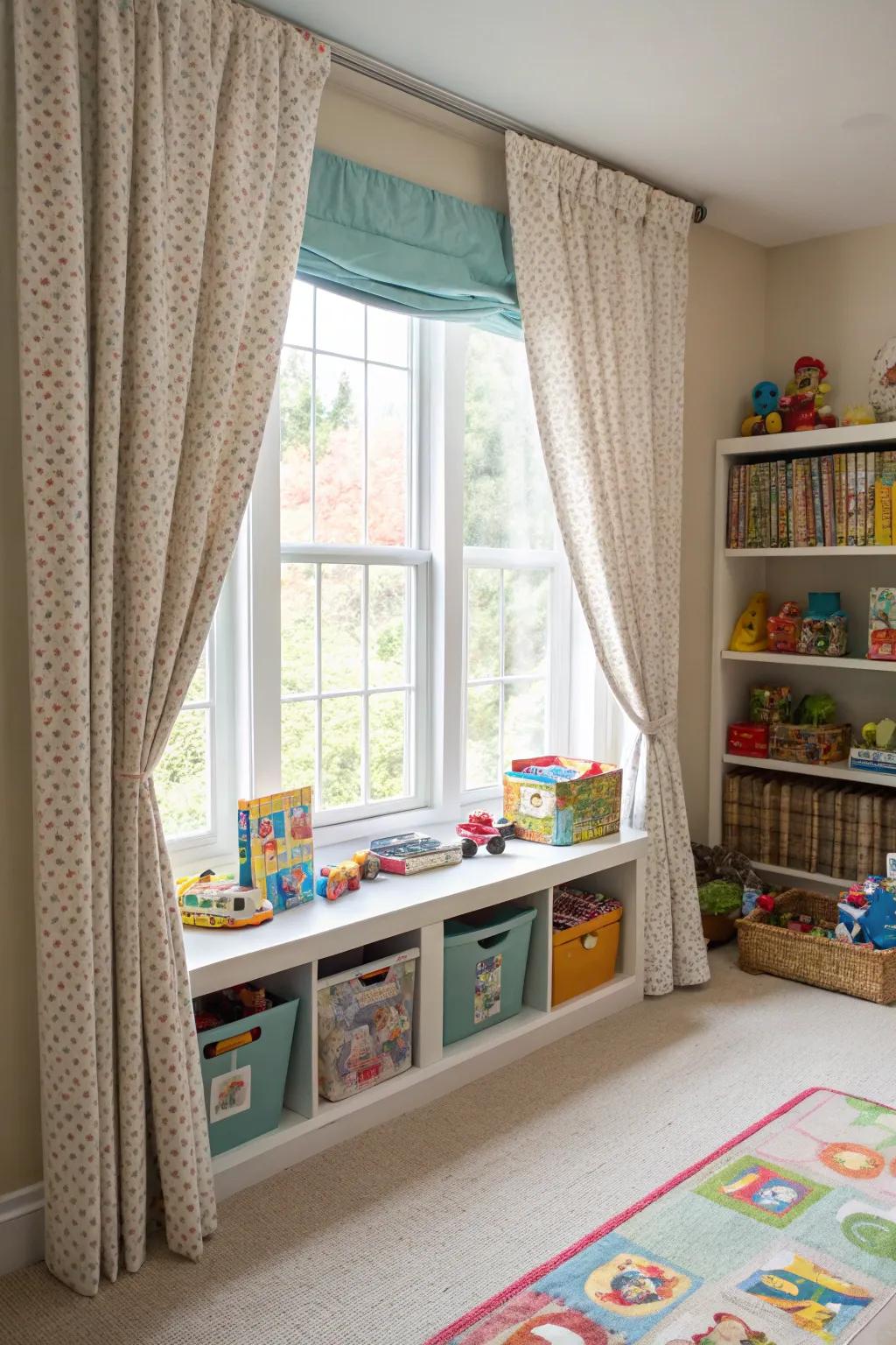 Curtains cleverly hide storage solutions under the window.