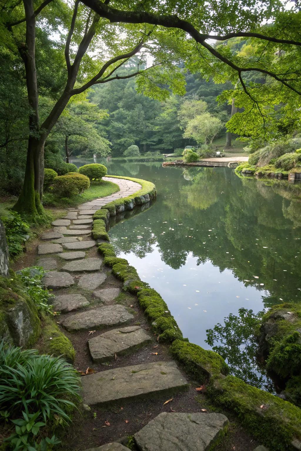 Stone pathways invite exploration around this peaceful pond.