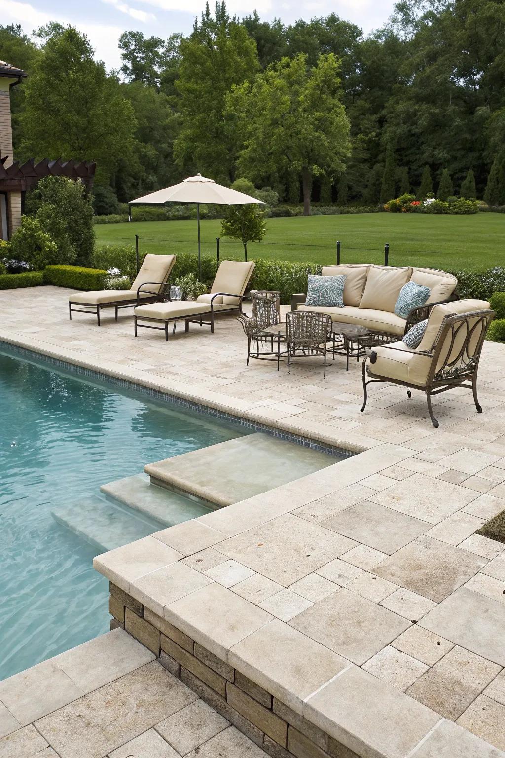 Travertine coping adds a touch of sophistication to any pool.