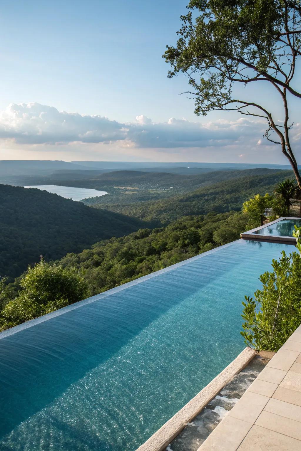 A breathtaking infinity edge pool with a scenic backdrop.