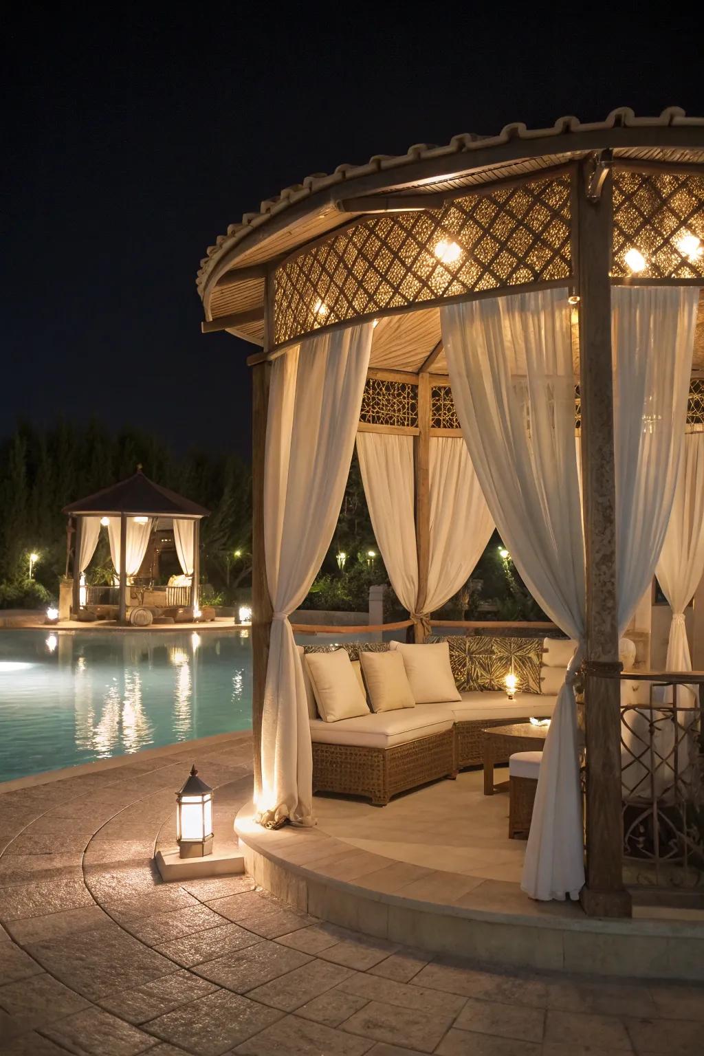 A gazebo creates a private oasis for relaxation and entertainment.