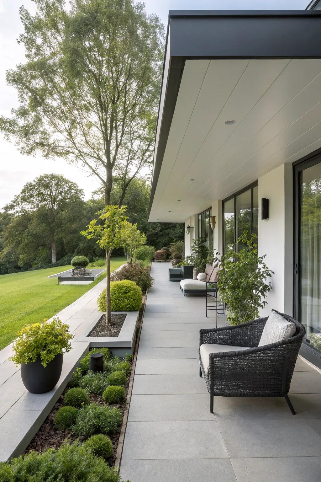 A chic and modern porch with a flat roof design.