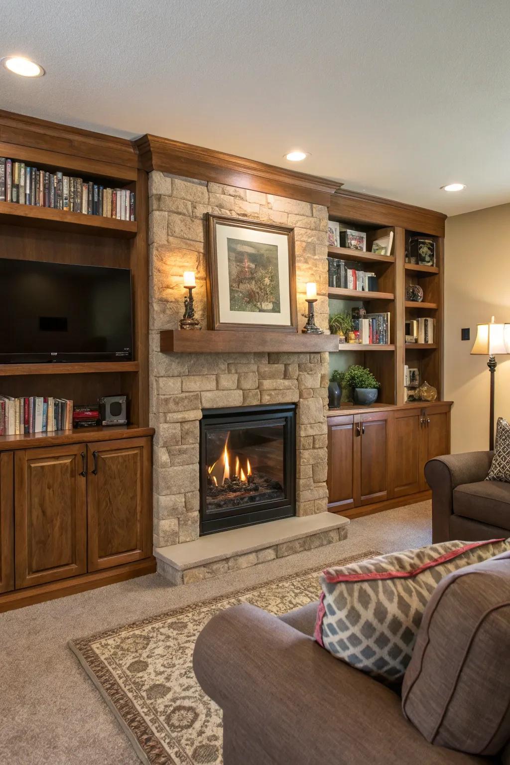 A living room with a built-in wall unit including a propane fireplace.