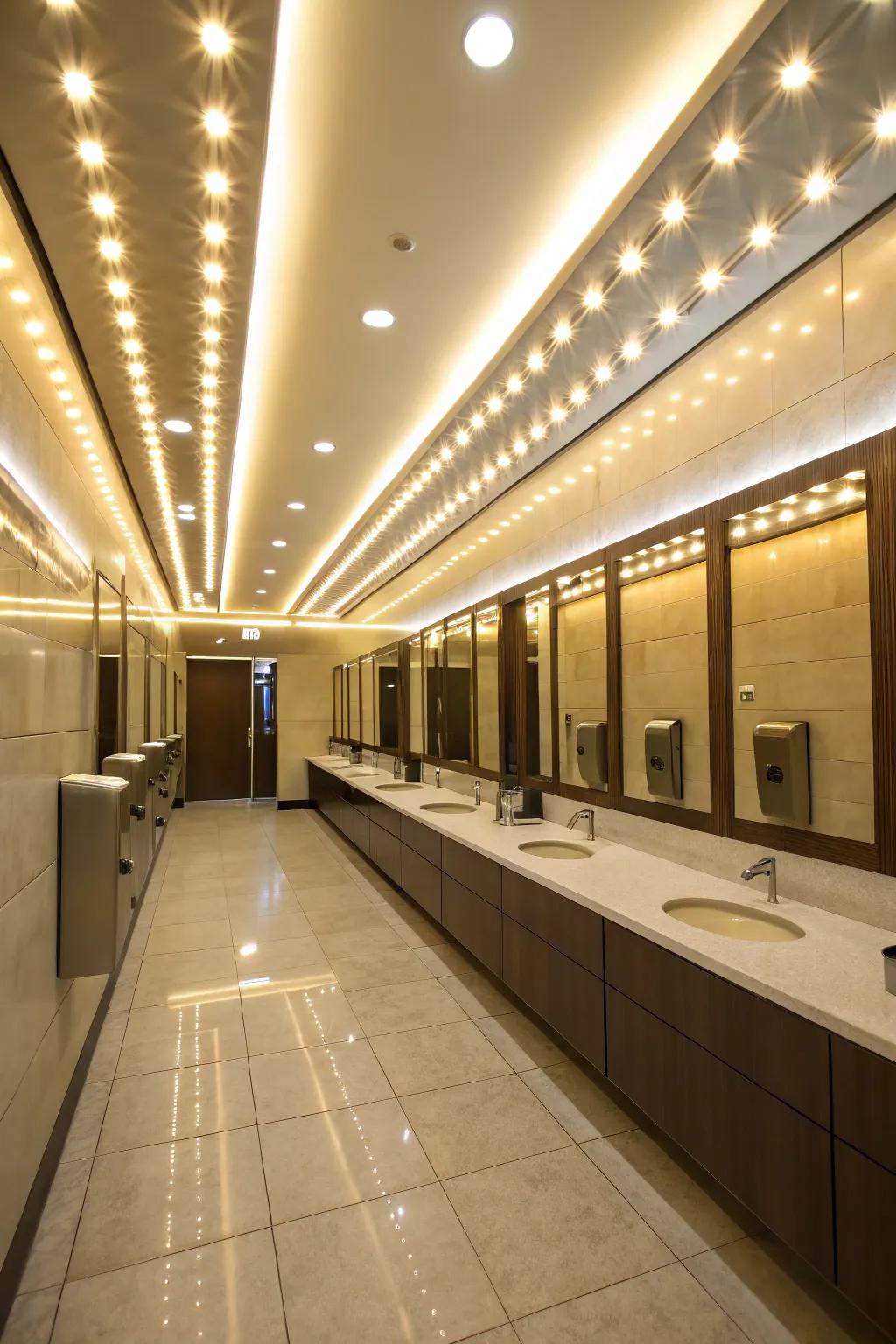 Well-planned lighting in a public bathroom enhances ambiance and functionality.