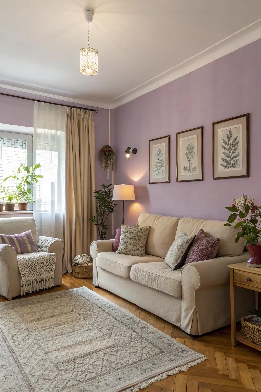 A cozy room featuring a lilac accent wall that complements neutral decor.