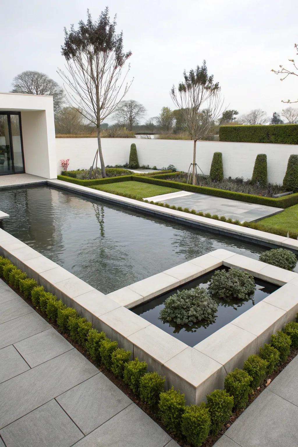 A sleek, modern raised koi pond with geometric elegance.