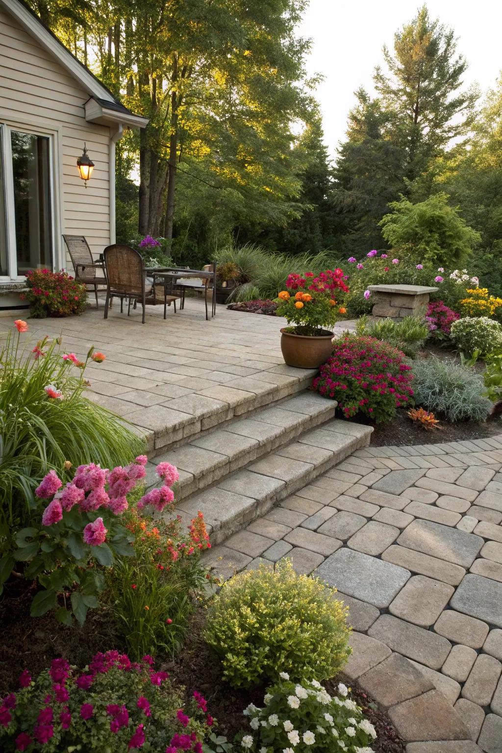 Greenery around the patio adds a touch of nature and tranquility.