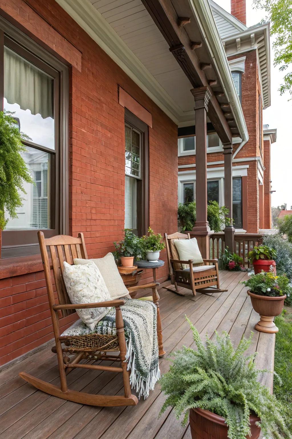 A welcoming porch that enhances the charm of a red brick house.