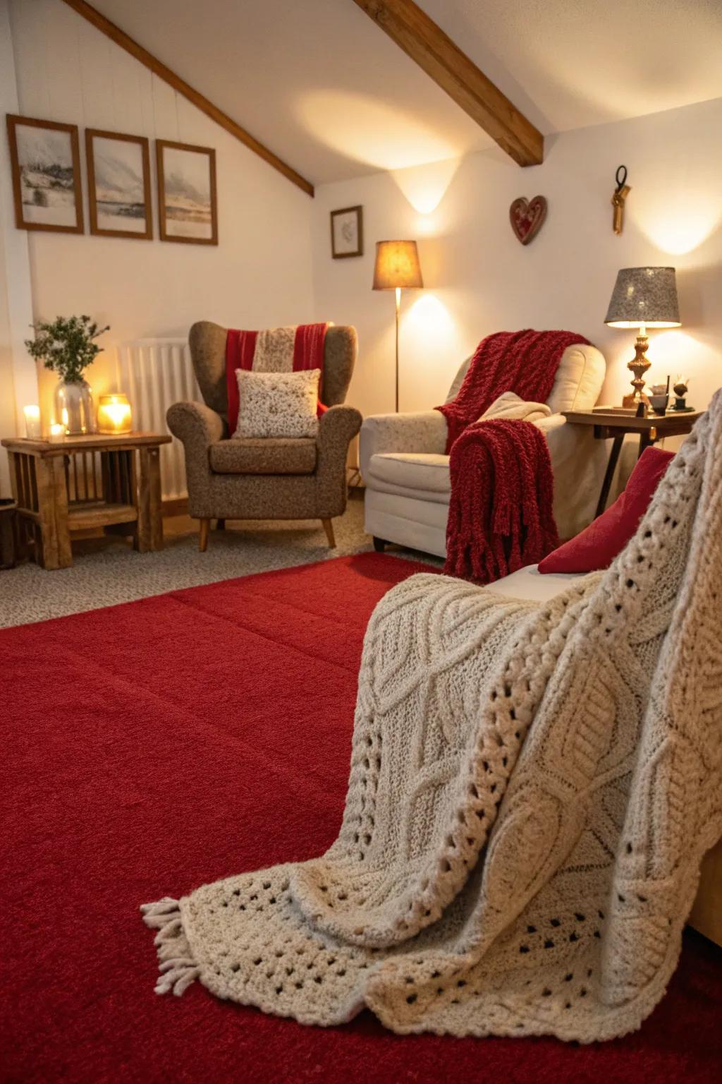 A cozy living room offering warmth through a red carpet and soft textures.