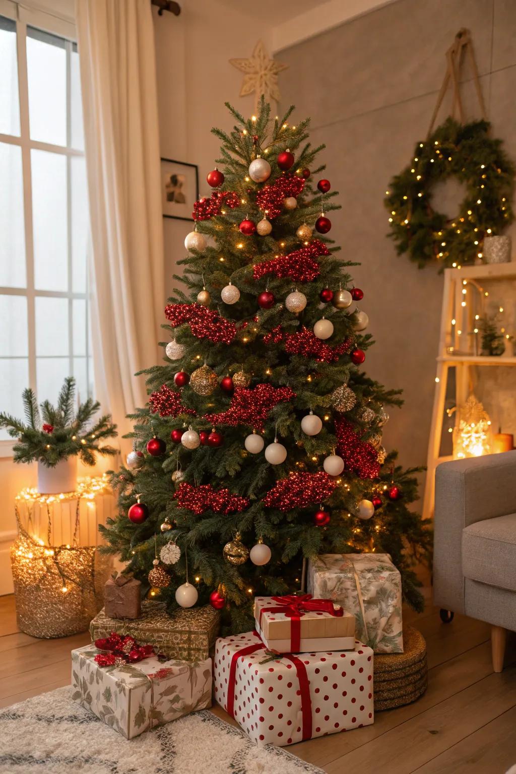 Red berry sprigs add a natural touch to the festive tree.