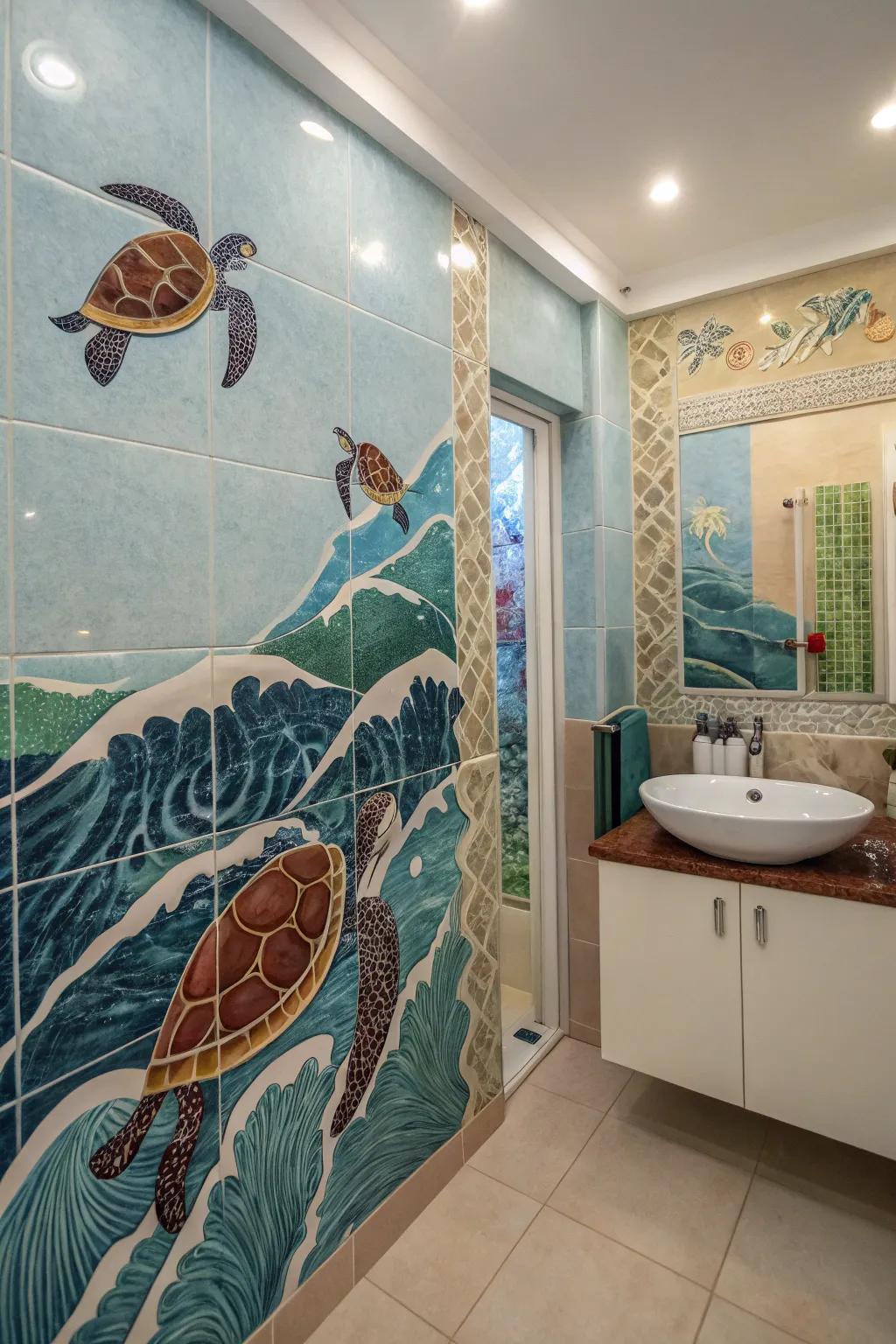 Ocean-themed tiles bring a calming, beachy vibe to the bathroom.