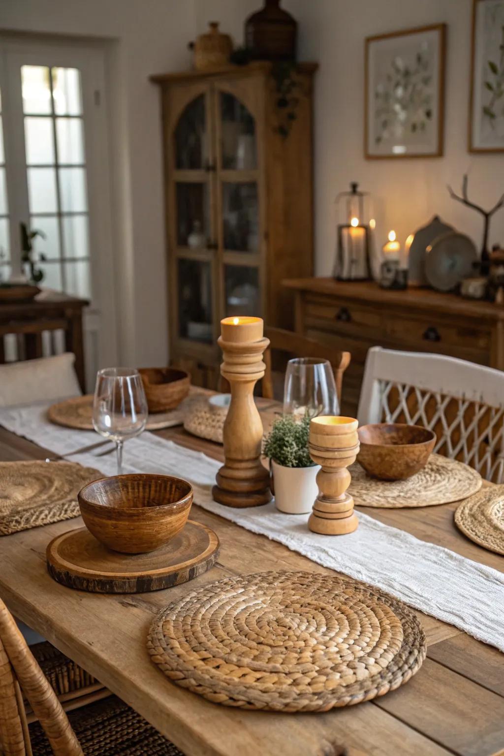 Wooden items and woven placemats add rustic charm.