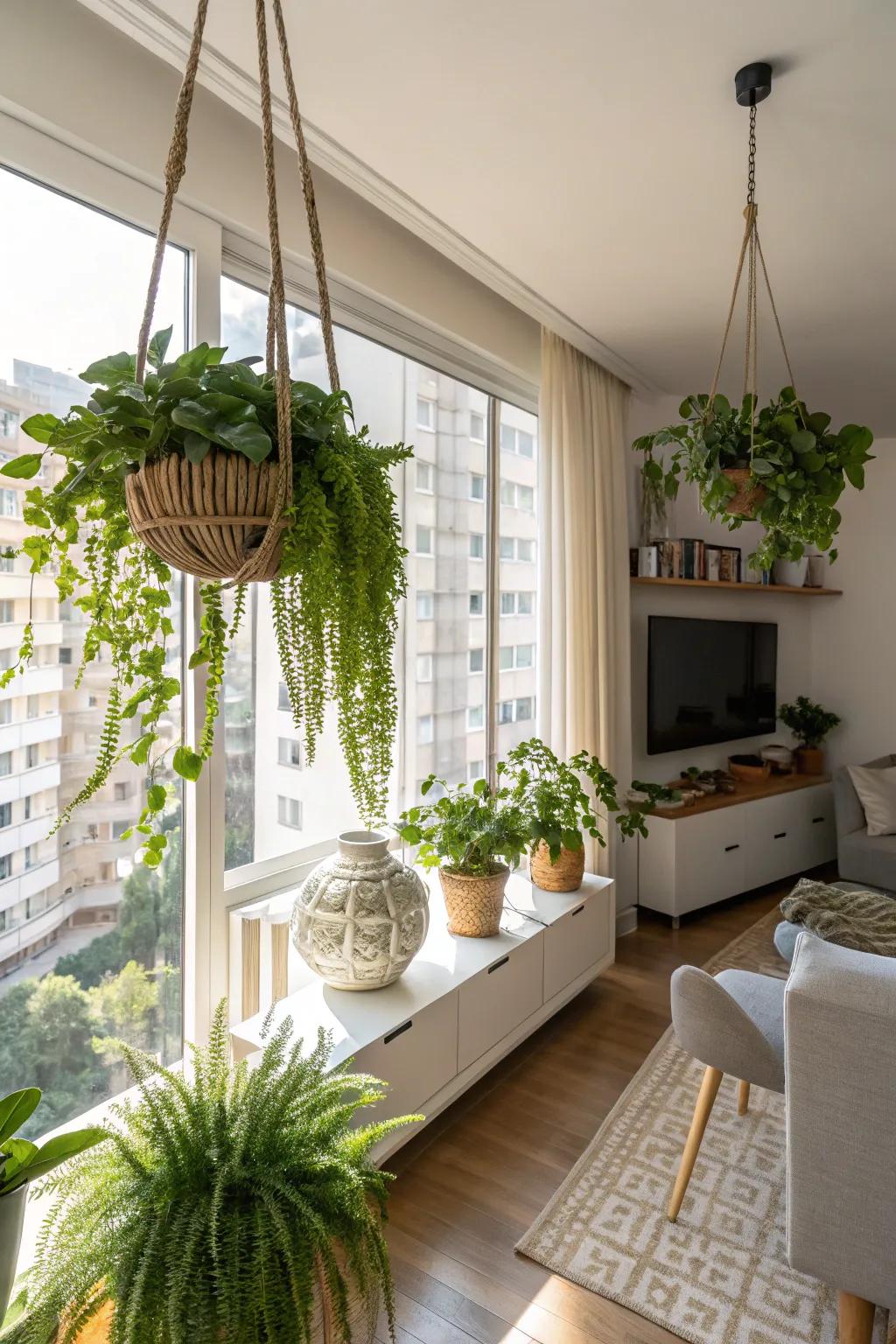 Hanging plants add a fresh touch to any space.