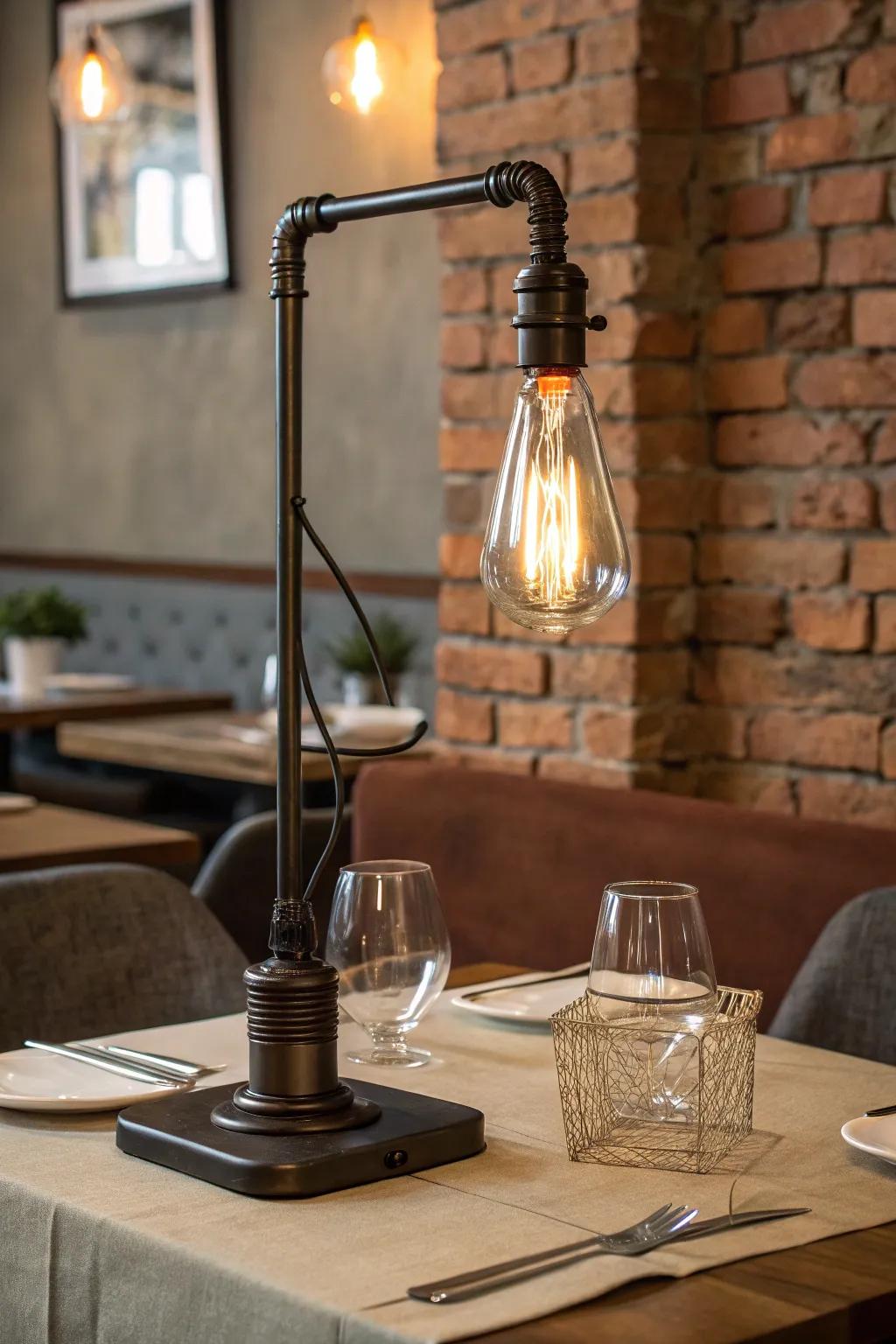 Industrial metal table lamp with exposed bulb on a restaurant table with brick wall background.