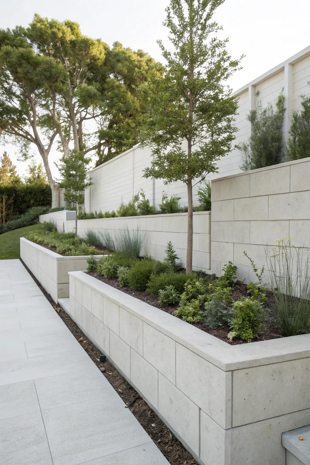 Clean lines and modern design create a sleek retaining wall aesthetic.