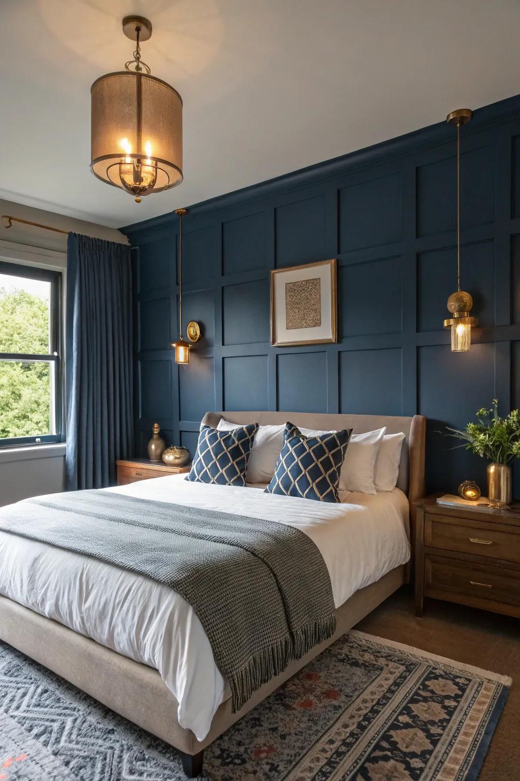 Brass accents add warmth and sophistication to your navy blue space.