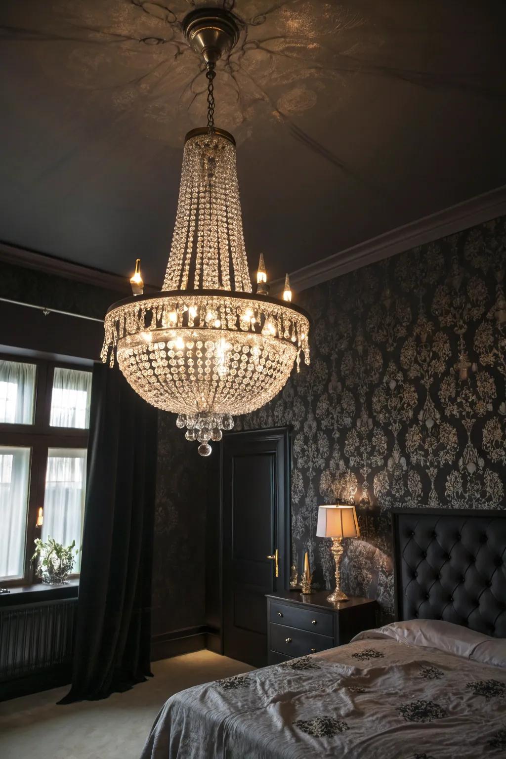A crystal chandelier serves as a captivating focal point in a gothic-themed bedroom.