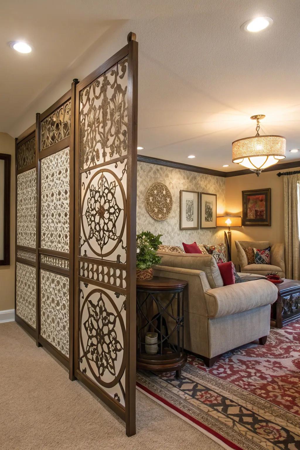 A living room with a half wall showcasing intricate patterns, serving as an artistic divider.