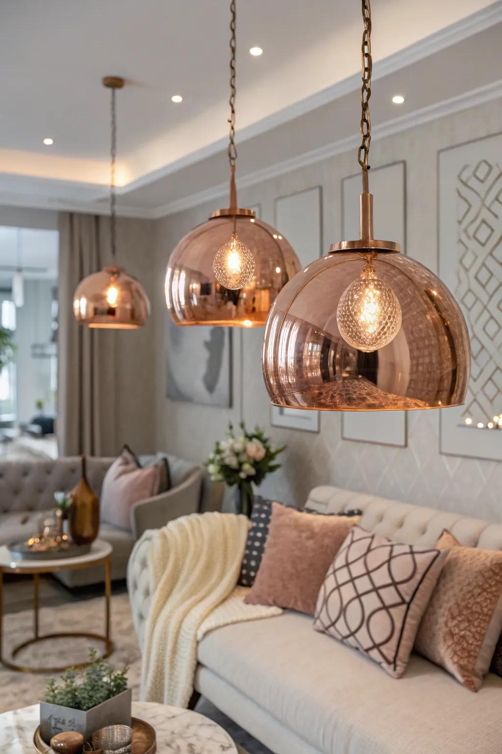 Rose gold pendant lights add warmth and sophistication to the room.