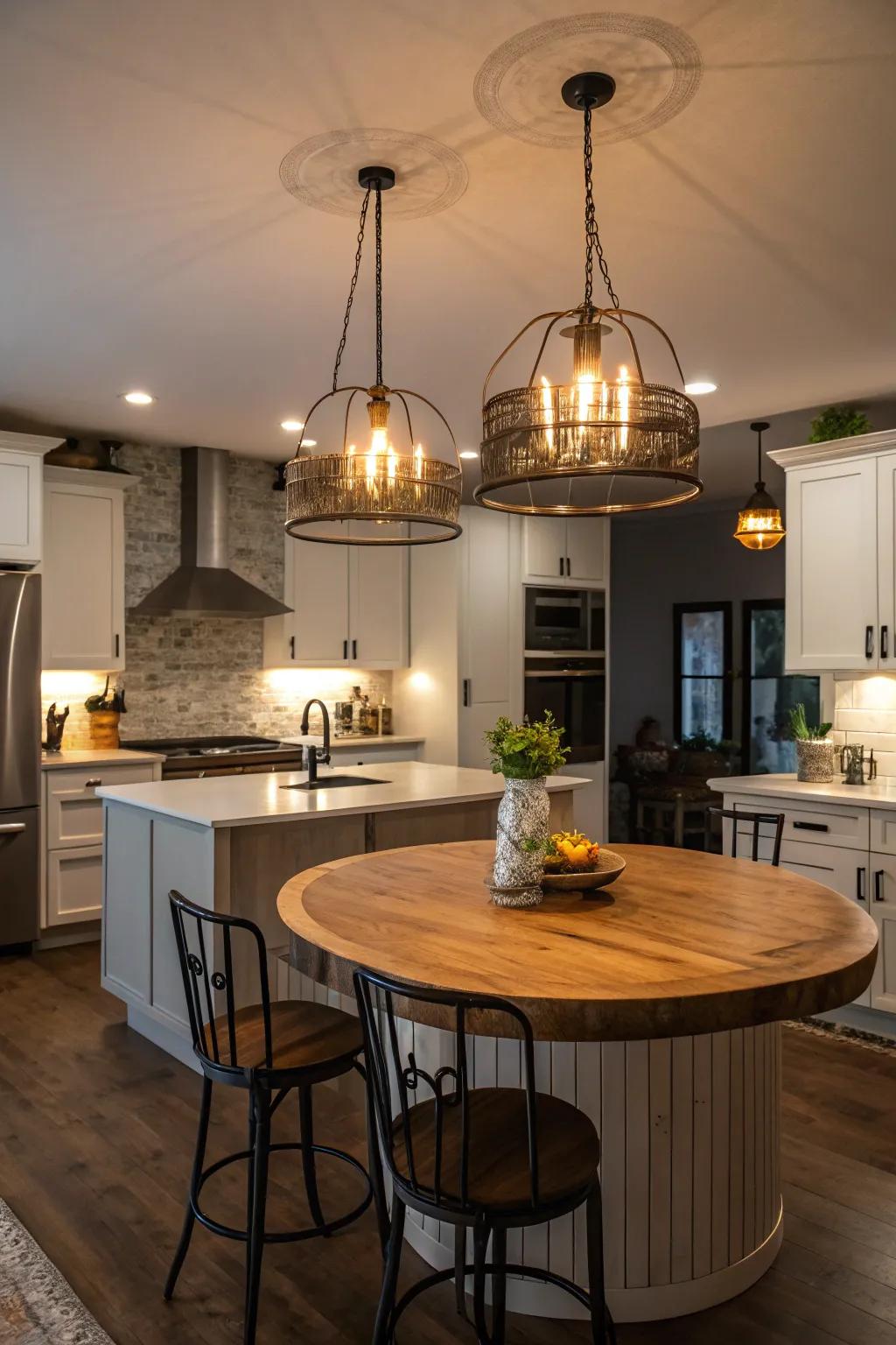 Pendant lighting that adds elegance and focus to a round kitchen island.