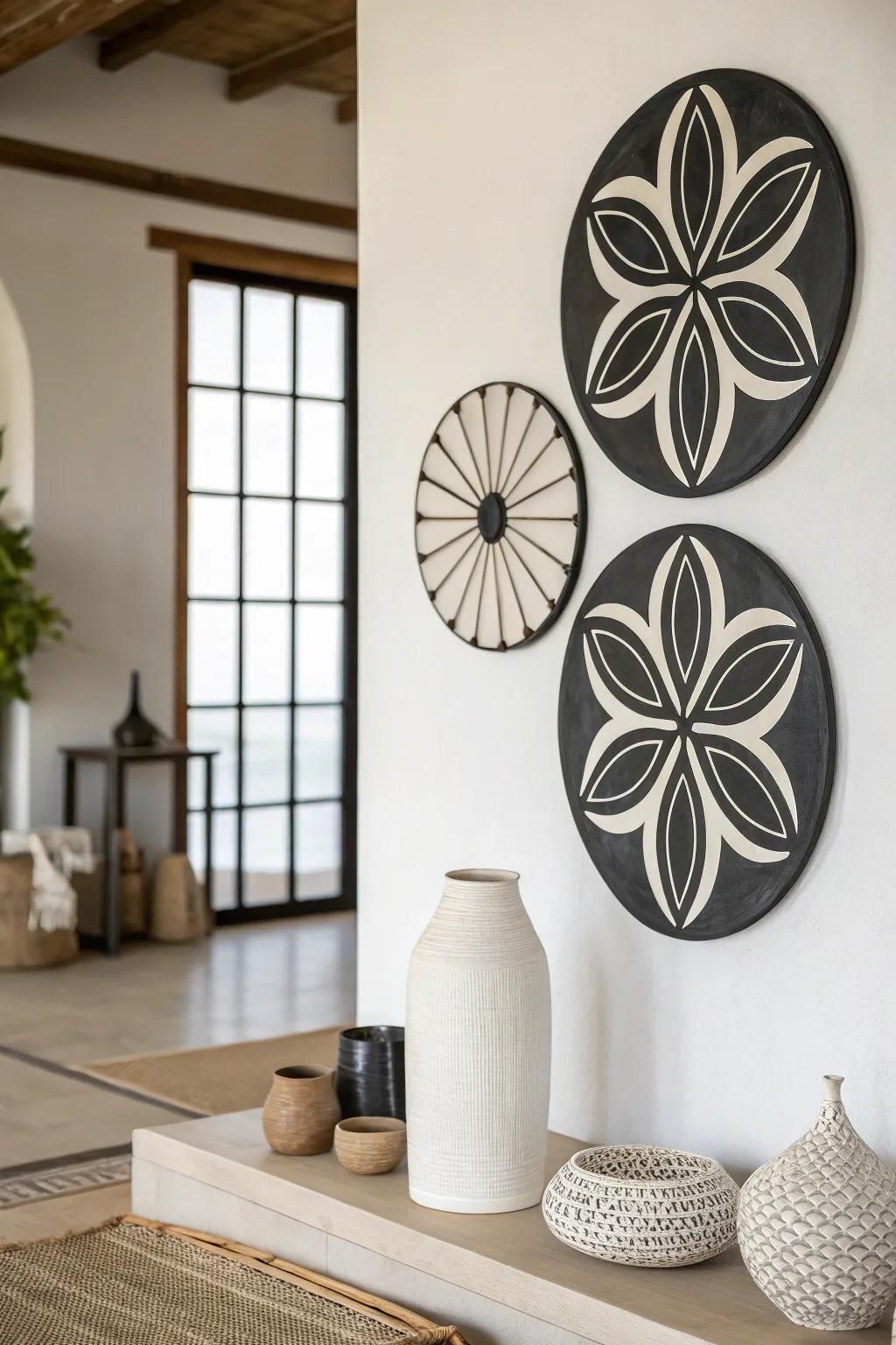 Minimalist room with black and white round wall decor for a sleek look.