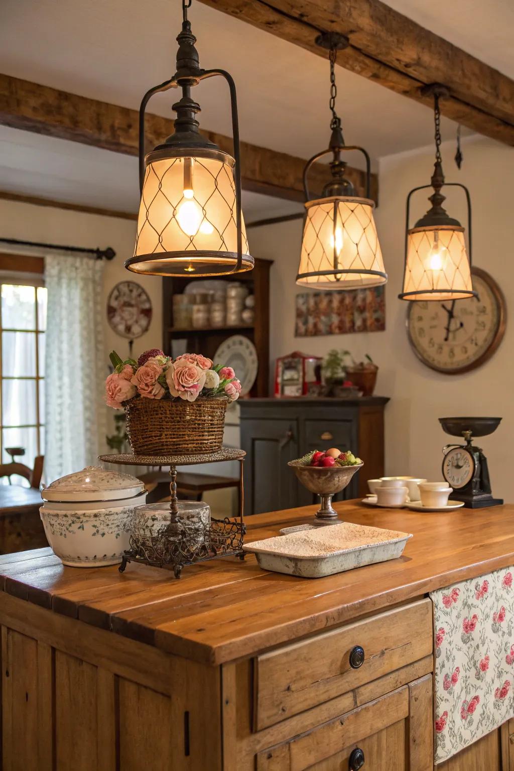 A farmhouse kitchen island adorned with vintage lighting and decor accents.