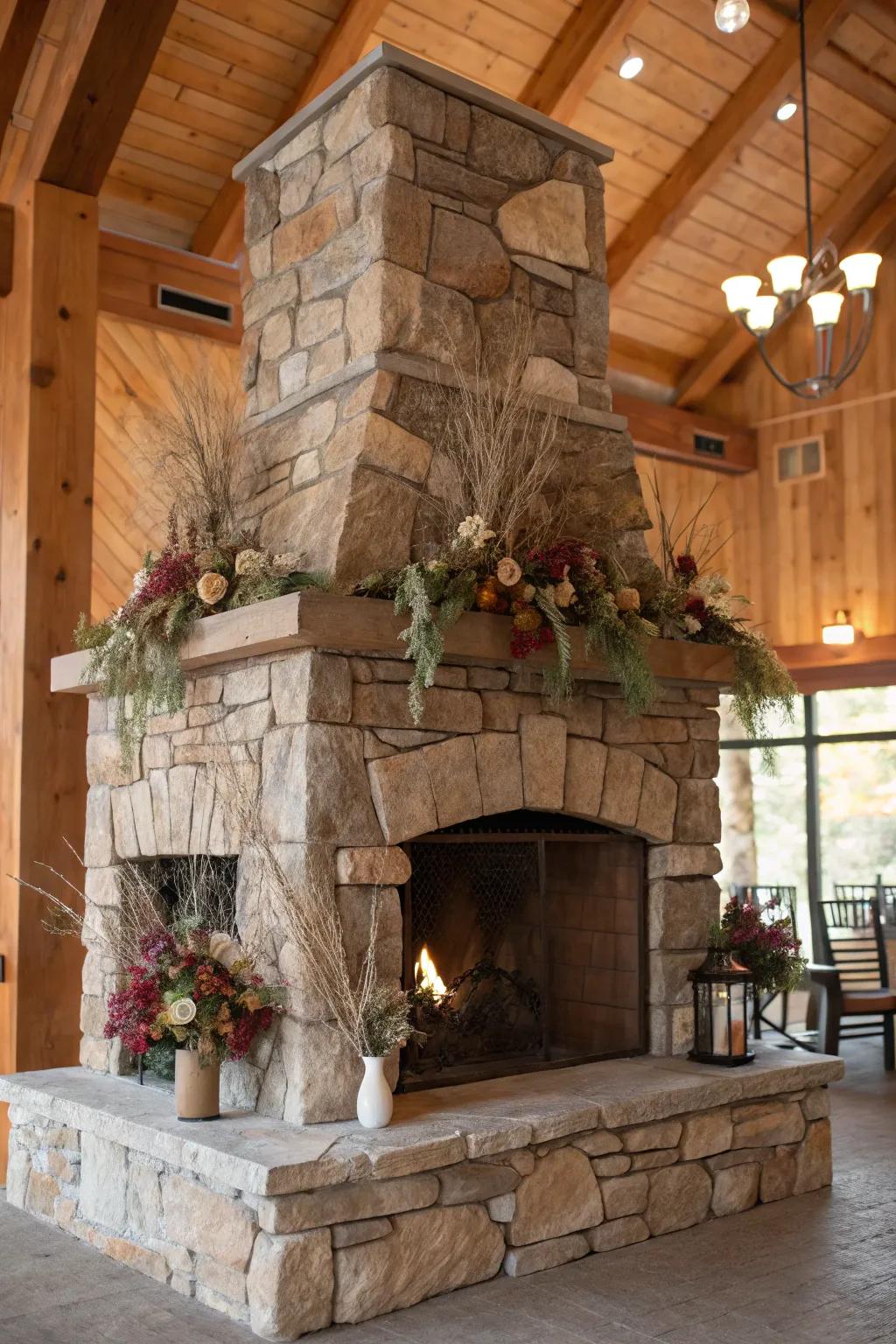 A stone fireplace serves as a natural focal point in this rustic man cave.