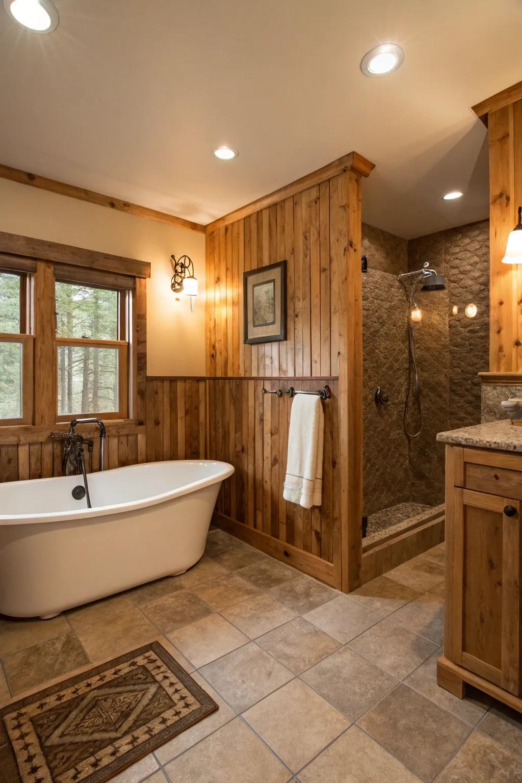 A bathroom oasis enhanced by rustic wainscoting.