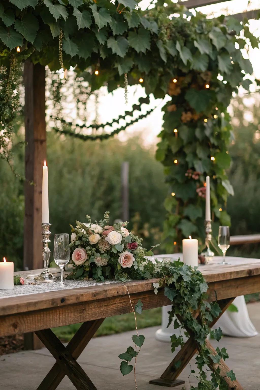A vibrant greenery backdrop setting the stage for a rustic wedding.