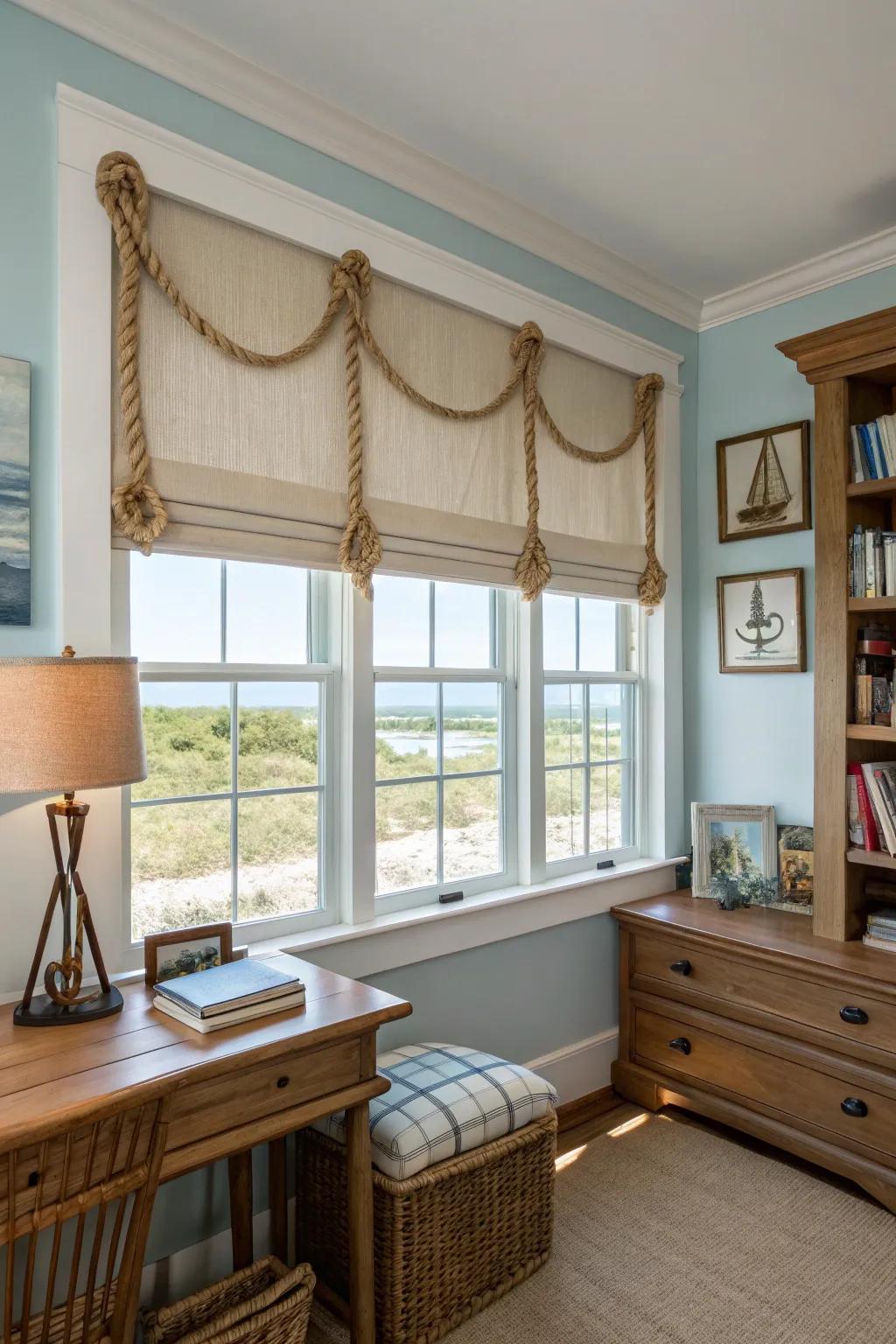 A coastal-inspired study with a rustic valance featuring rope details, adding a nautical charm.