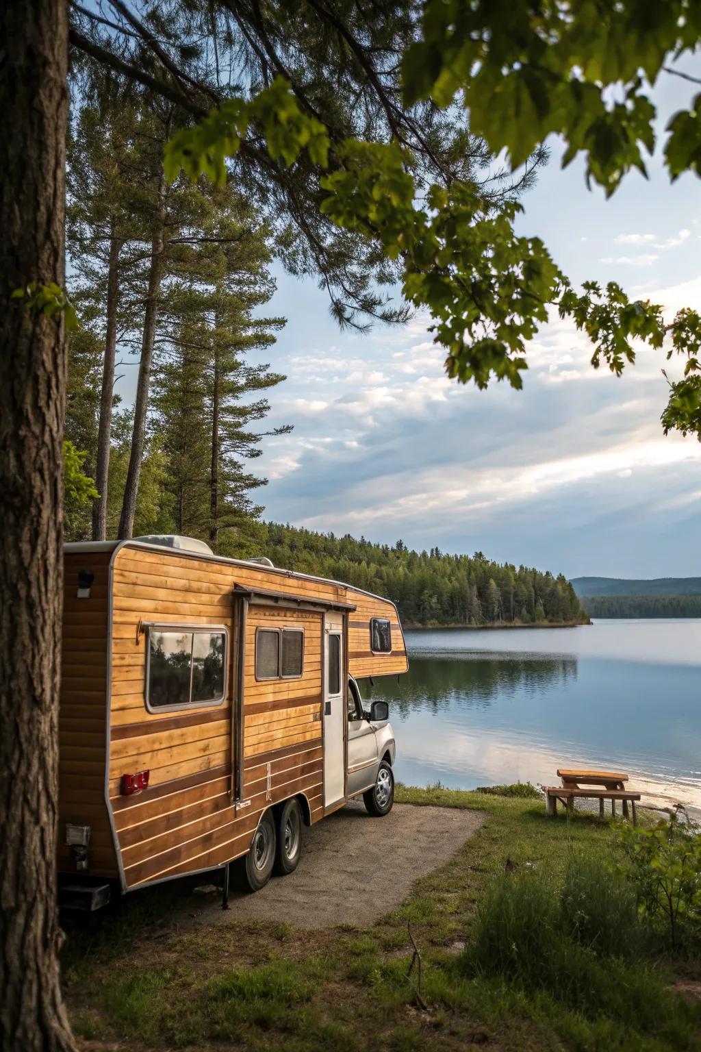 Wooden siding brings a cozy, rustic feel to your RV.