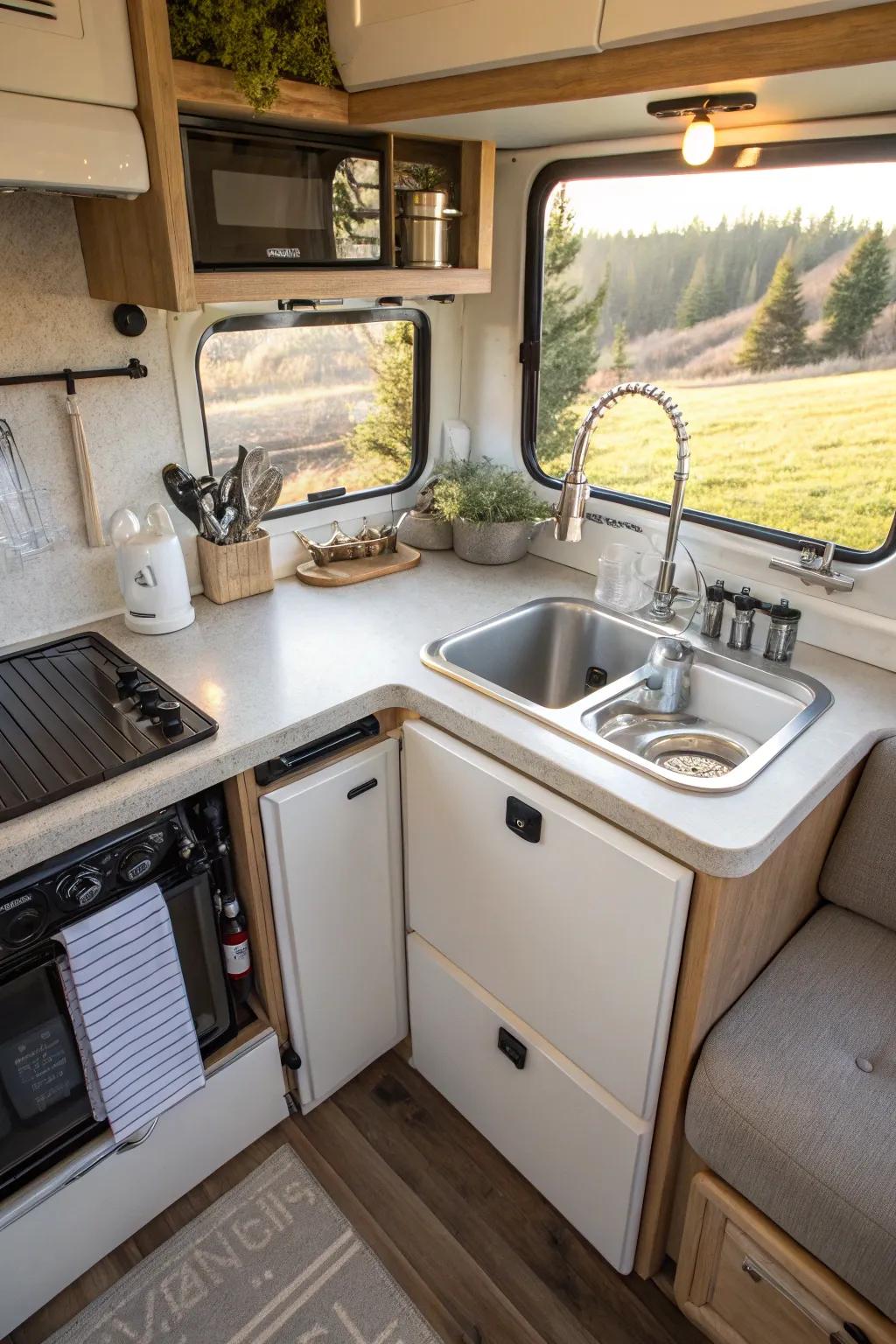 A corner sink setup utilizing space efficiently.