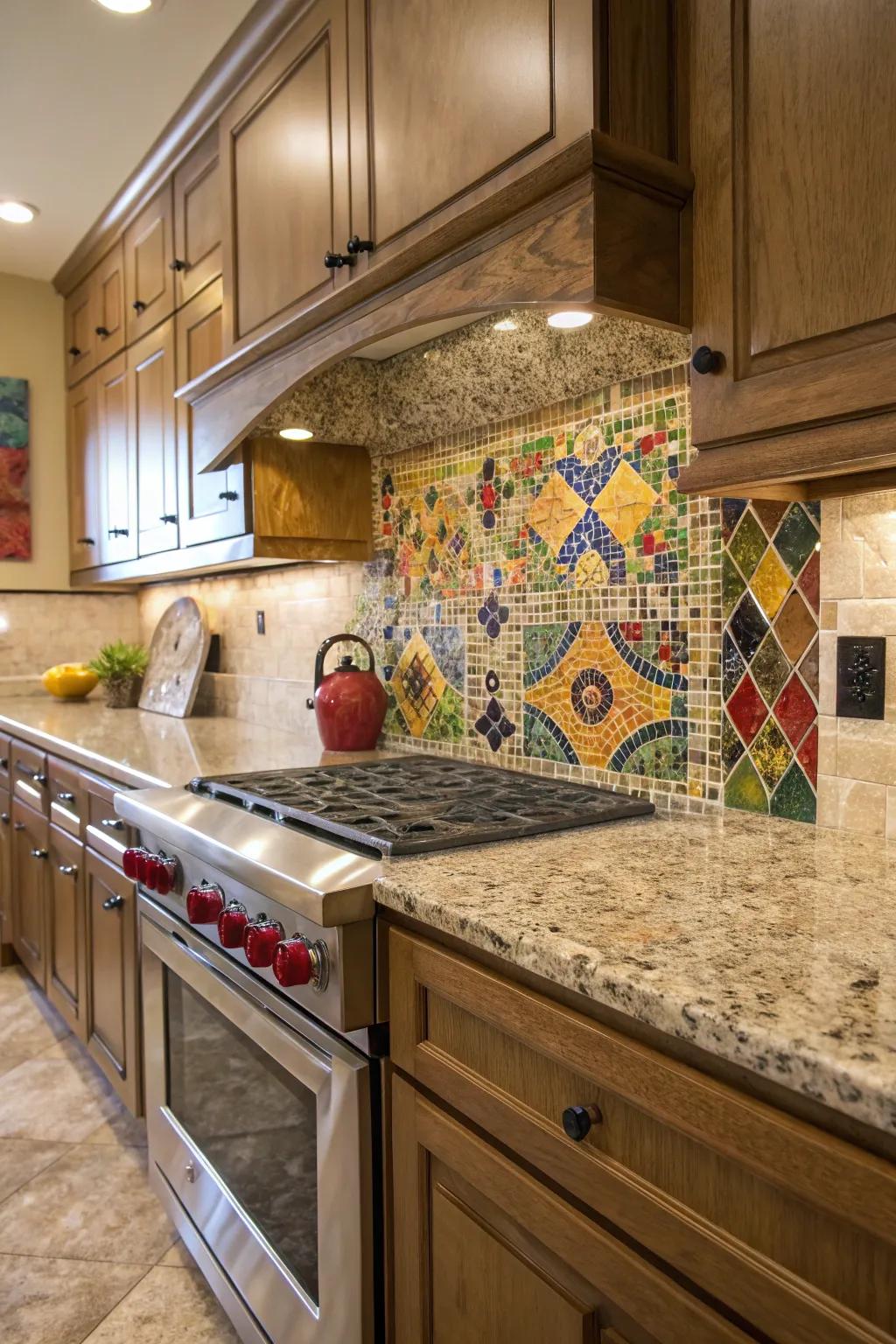 Mosaic tiles add a creative touch to Santa Cecilia granite's elegance.