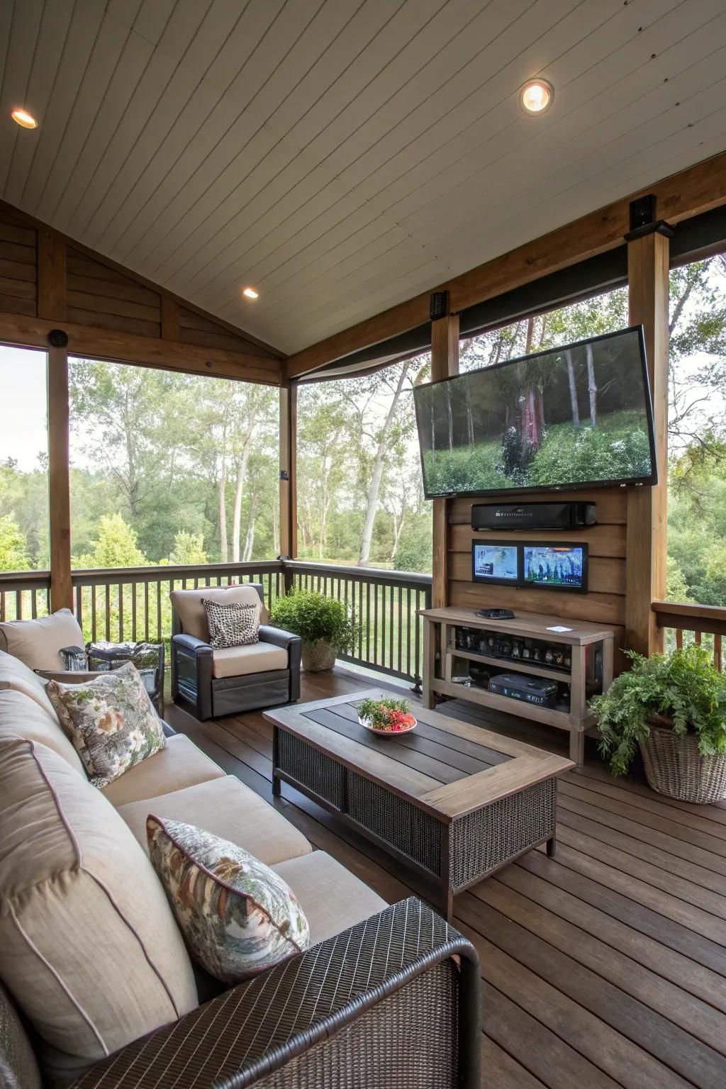 Create an entertainment hub on your screened-in deck.