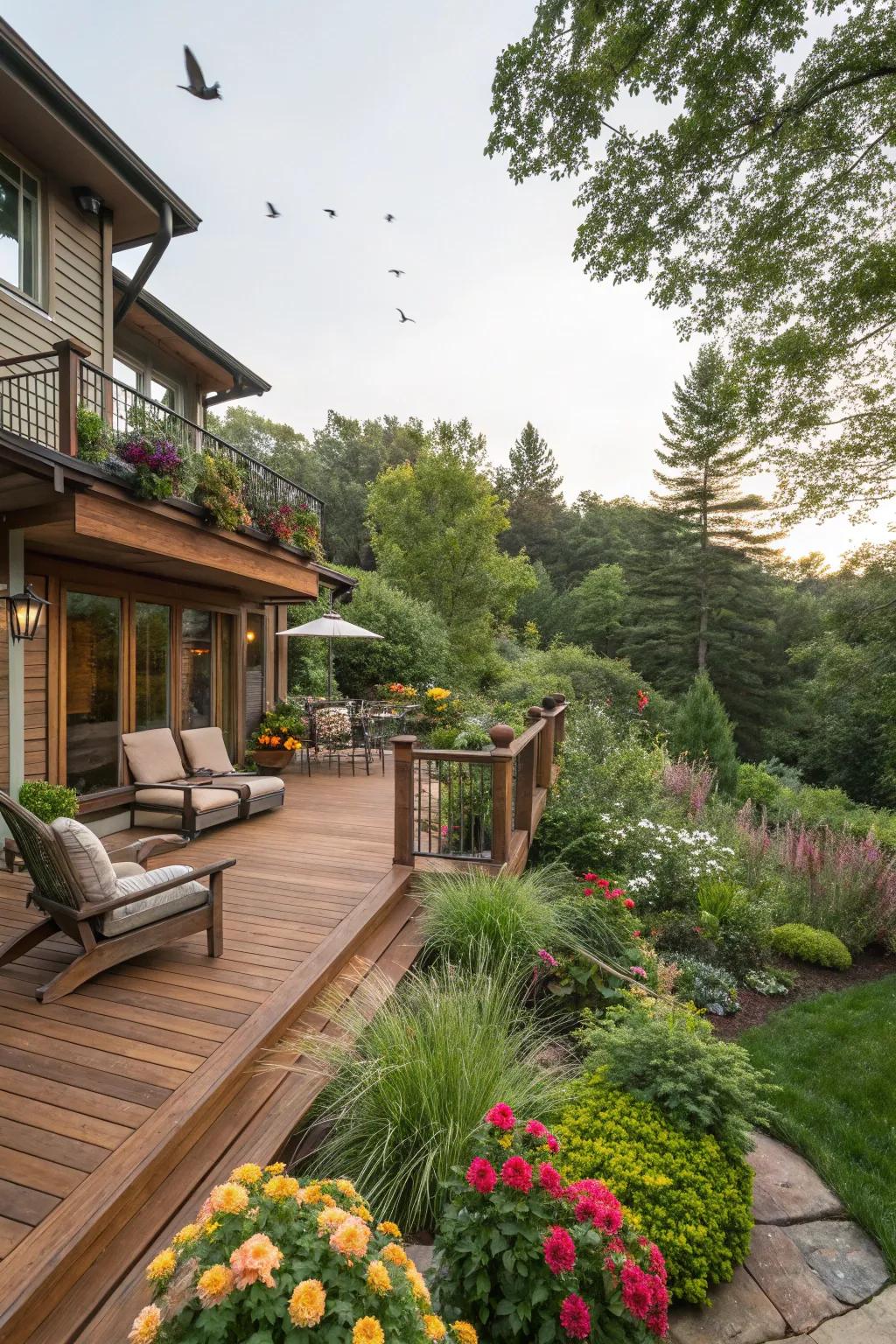 A deck that feels like a natural extension of the garden, blending seamlessly with its surroundings.