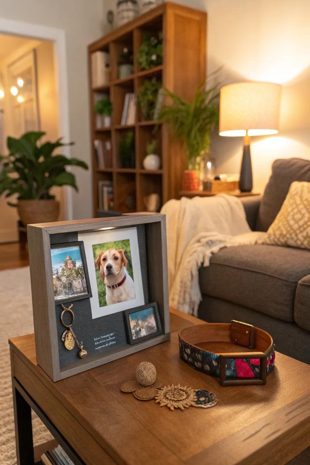 A pet memory shadow box celebrating a beloved furry friend.