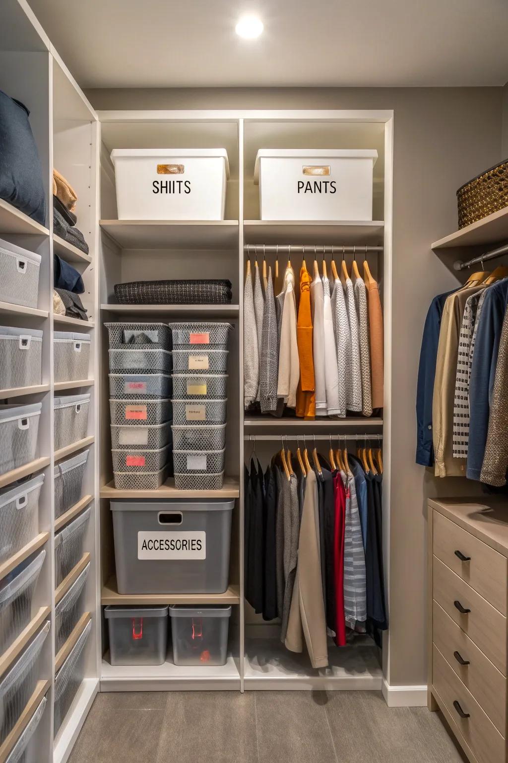 A closet with clearly labeled sections and containers for organized storage.